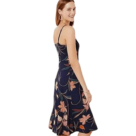 NWT LOFT Midi Dress Blogger Favorite Floral Smocked Spaghetti Strap Navy Orange - Picture 6 of 17